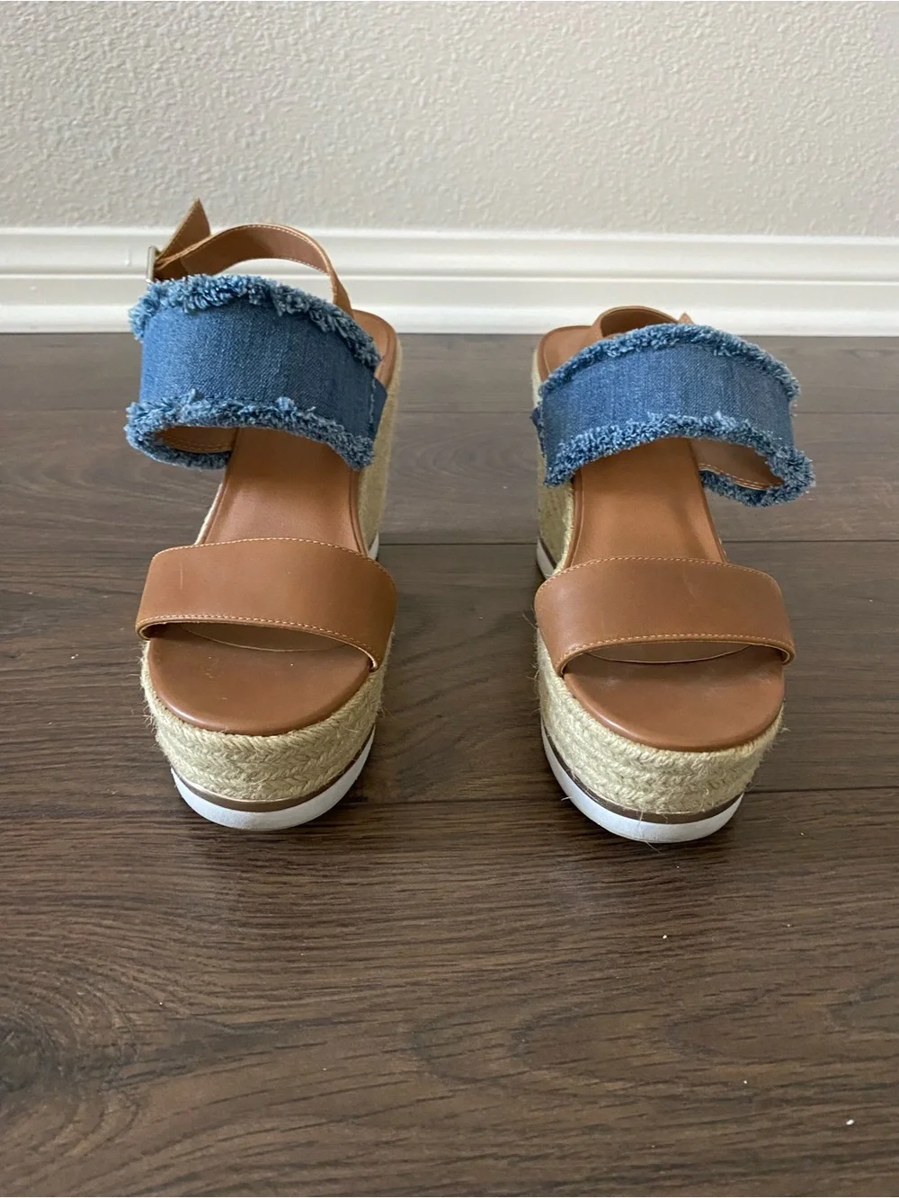Steve Madden Tan Leather and Blue Denim Espadrille Wedge Sandals